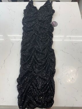 Hot Miami Styles Black Sequin Ruched Bodycon Dress